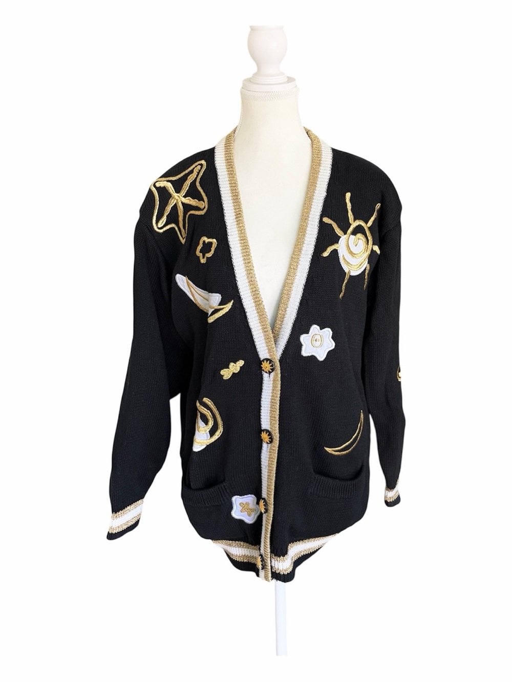 Vintage 1991 I.B. Diffusion M Black Gold White Celestial Cardigan Sweater Jacket
